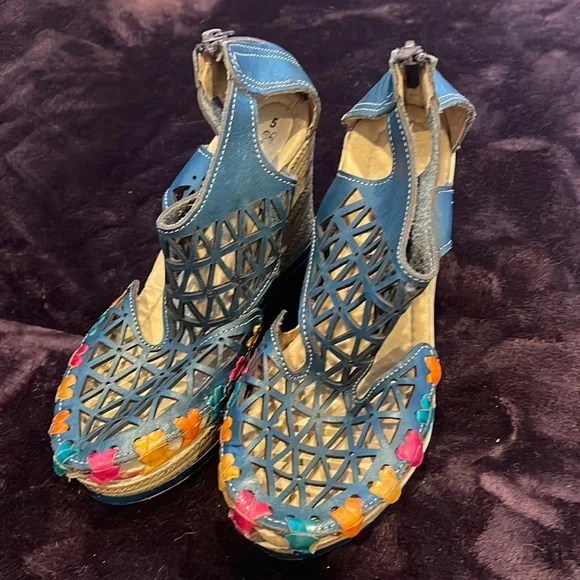 Evangelina wedges huaraches in dark navy blue Mexican Wedges sandals - Picture 2 of 8